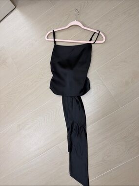 Zara Black Satin Asymmetrical Jumpsuit Top with Draped Sash